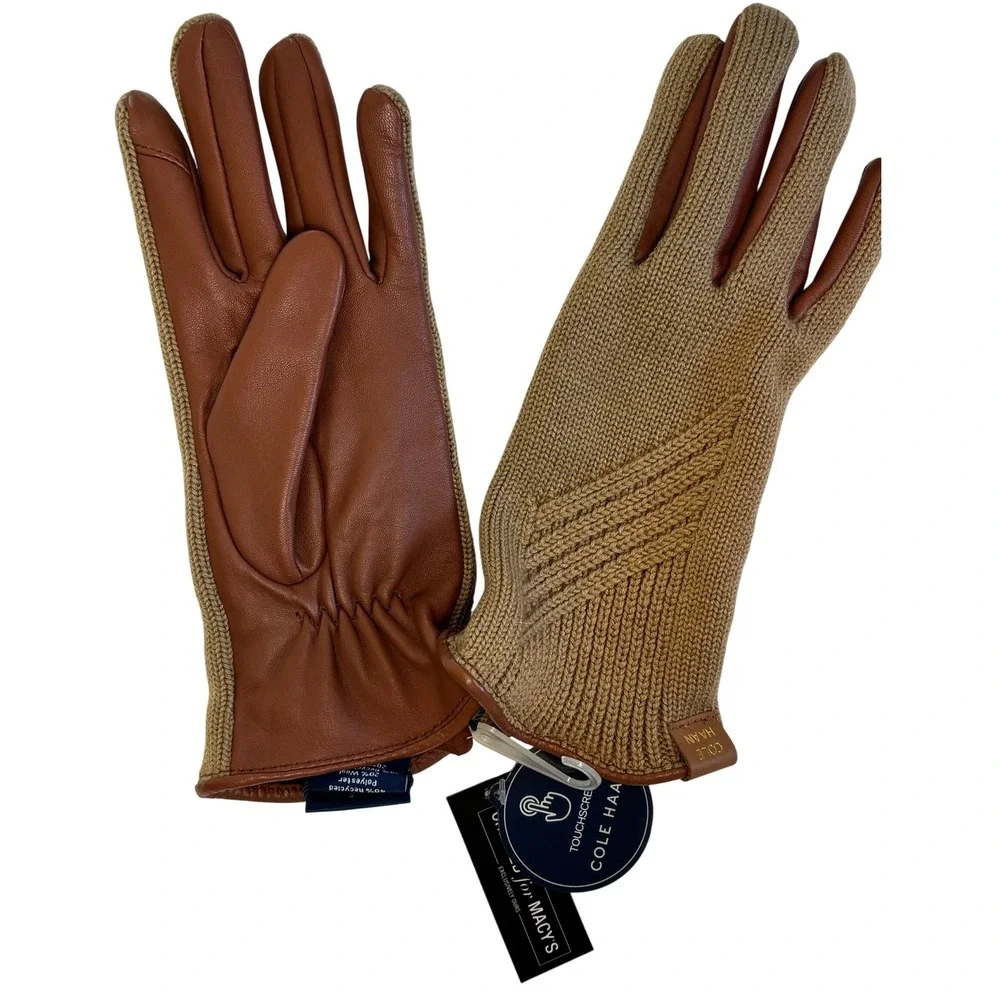 NEW Cole Haan Womens Leather & Wool Knit Touchscreen Gloves Cognac Camel Small